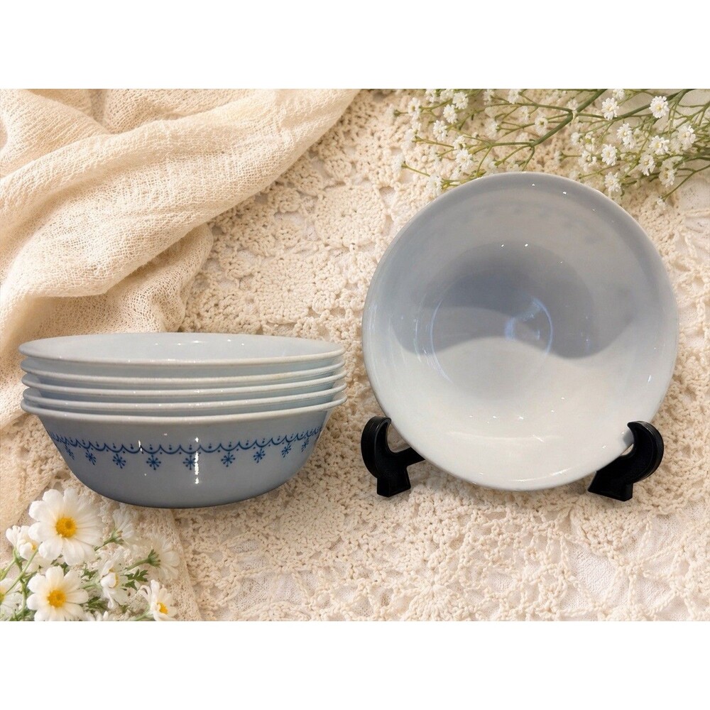 Corelle Snowflake Blue Garland Bowls 6" cereal soup Set of 6 Vtg USA 70’s READ